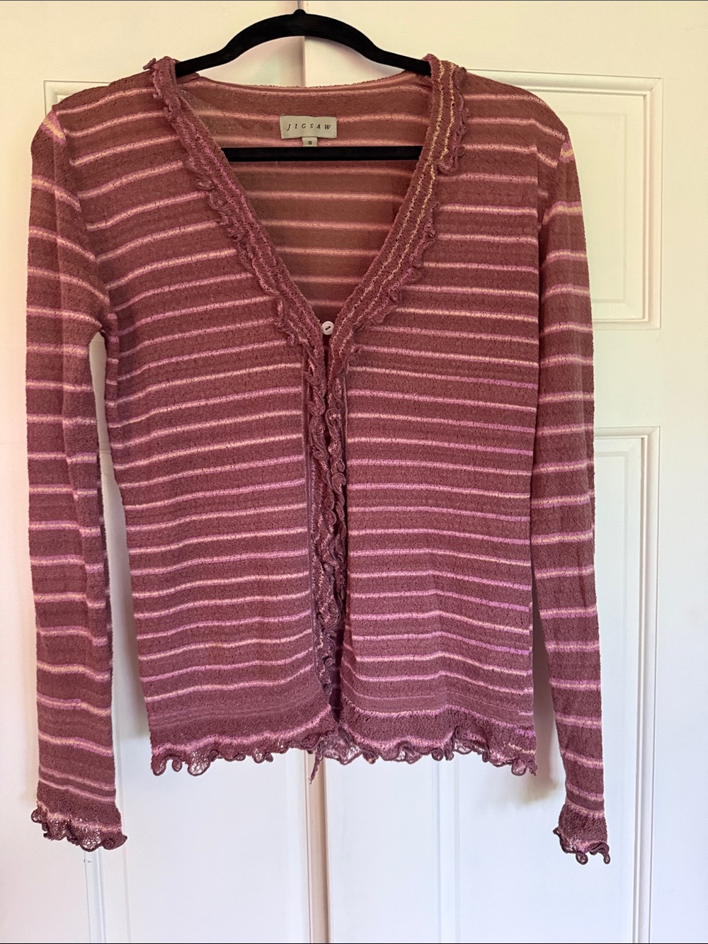Jigsaw Mauve and Light Pink Striped V-Neck Cardigan